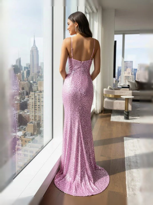 Lilac floor-length prom dress, alternate view showing the dress shape and hem