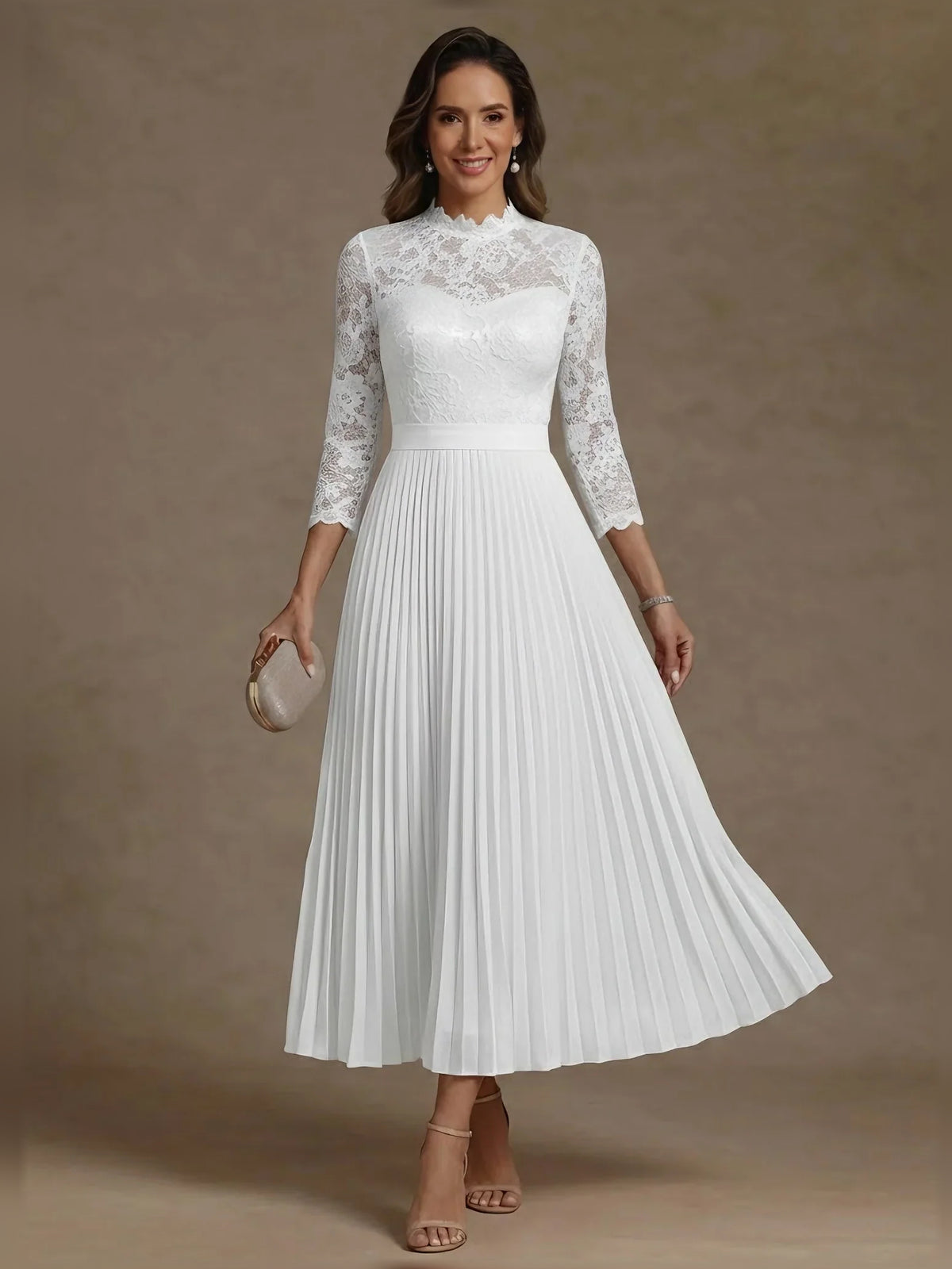 Ivory tea-length mother of the bride dress, alternate view showing the dress shape and hem