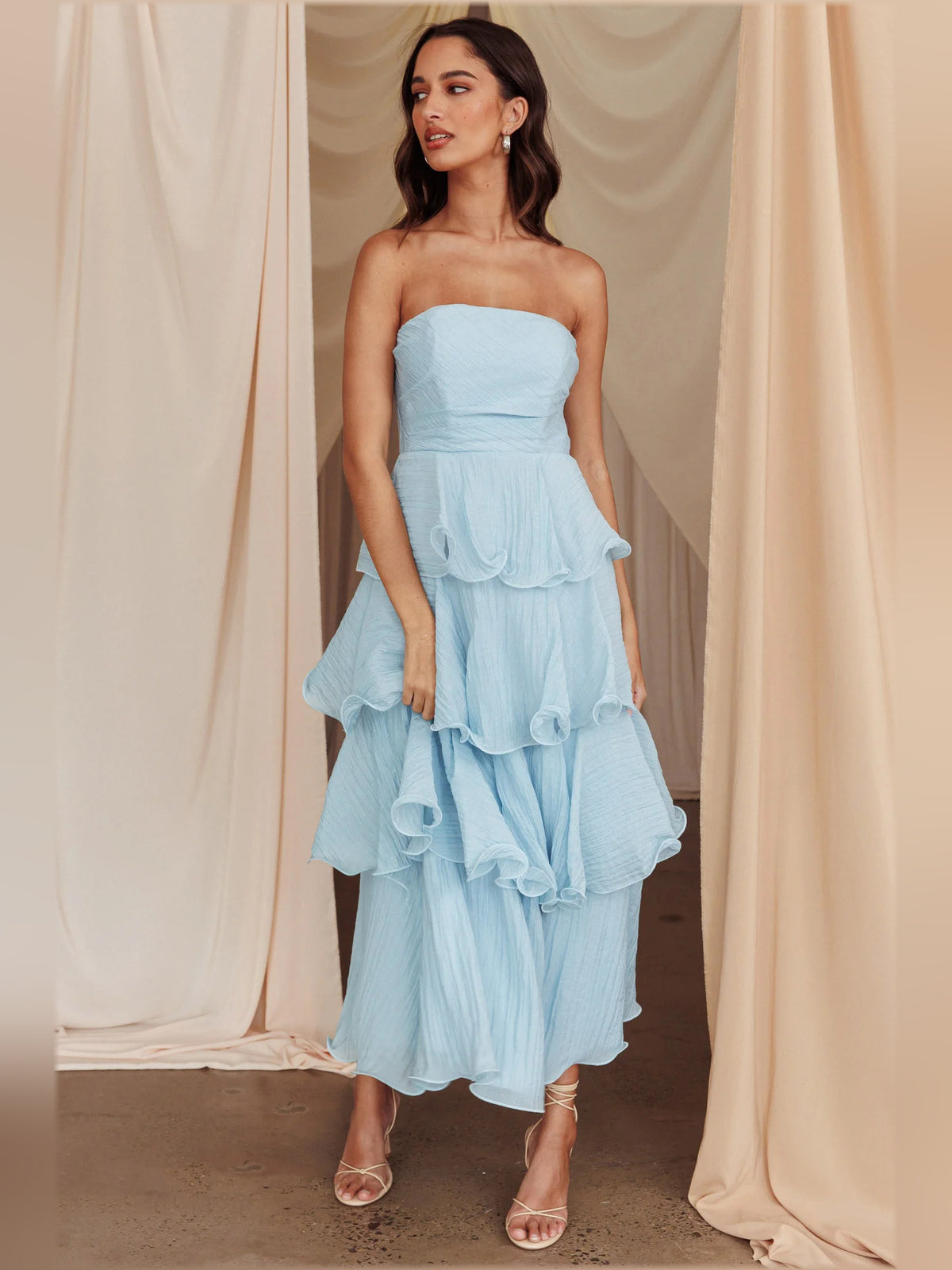 Blue midi formal dress with strapless neckline, alternate view showing the bodice