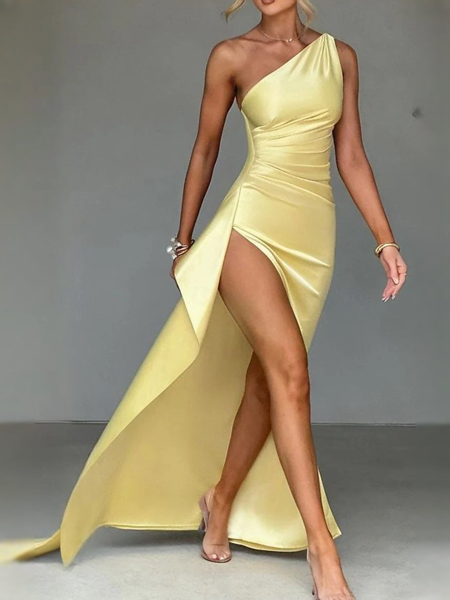 Canary floor-length prom dress, back view showing the rear of the dress from another angle