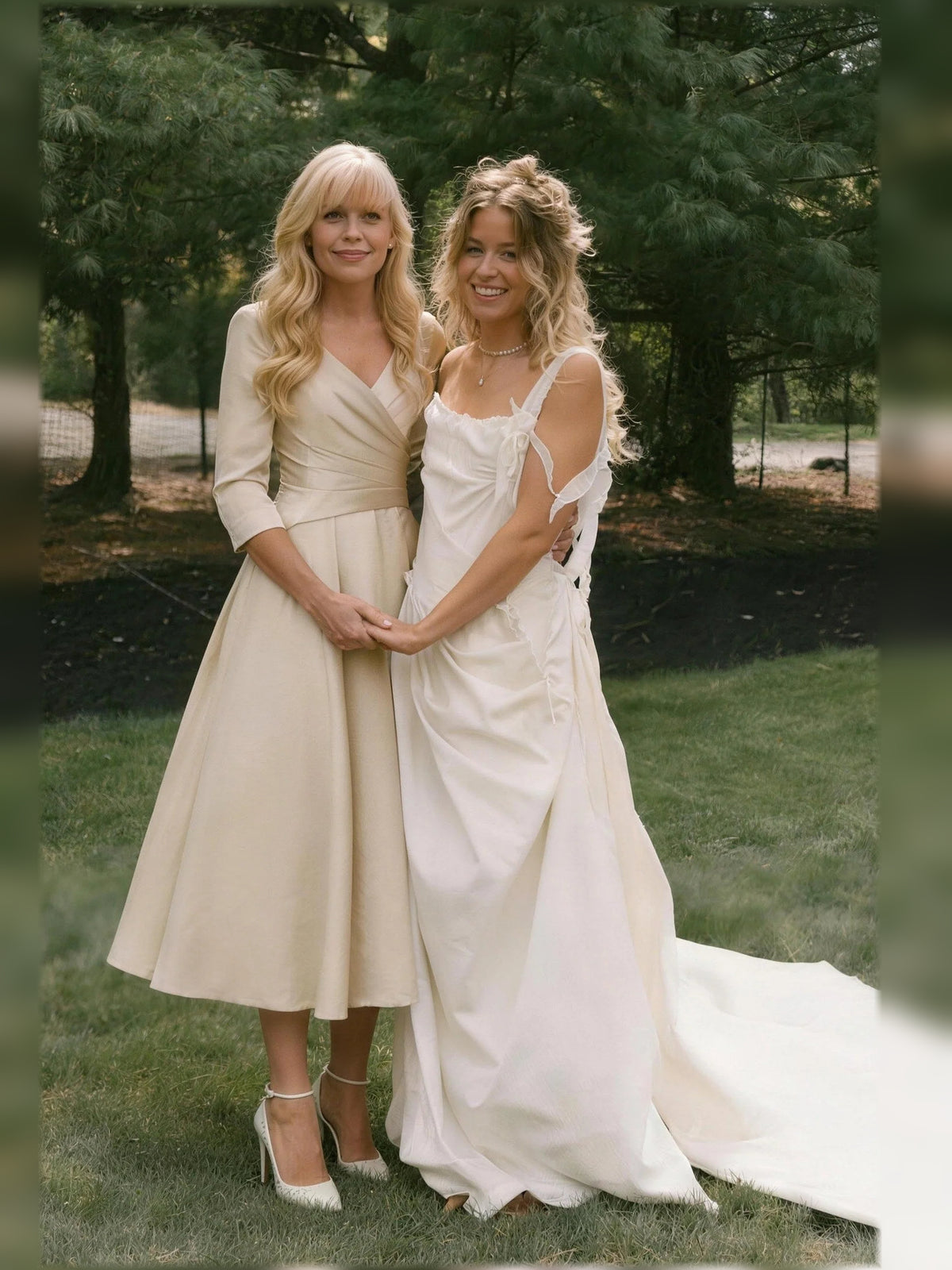 Champagne midi mother of the bride dress, alternate view showing the dress shape and hem