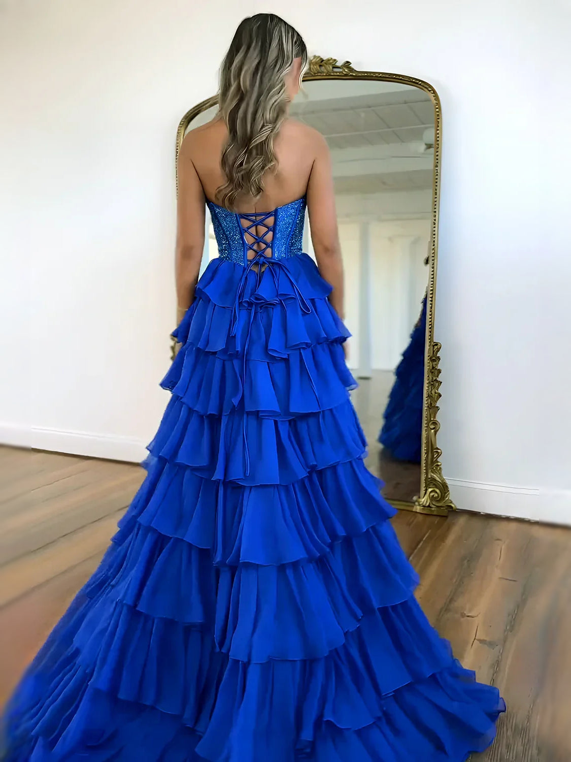 Royal Blue maxi prom dress, alternate view showing the dress shape and hem