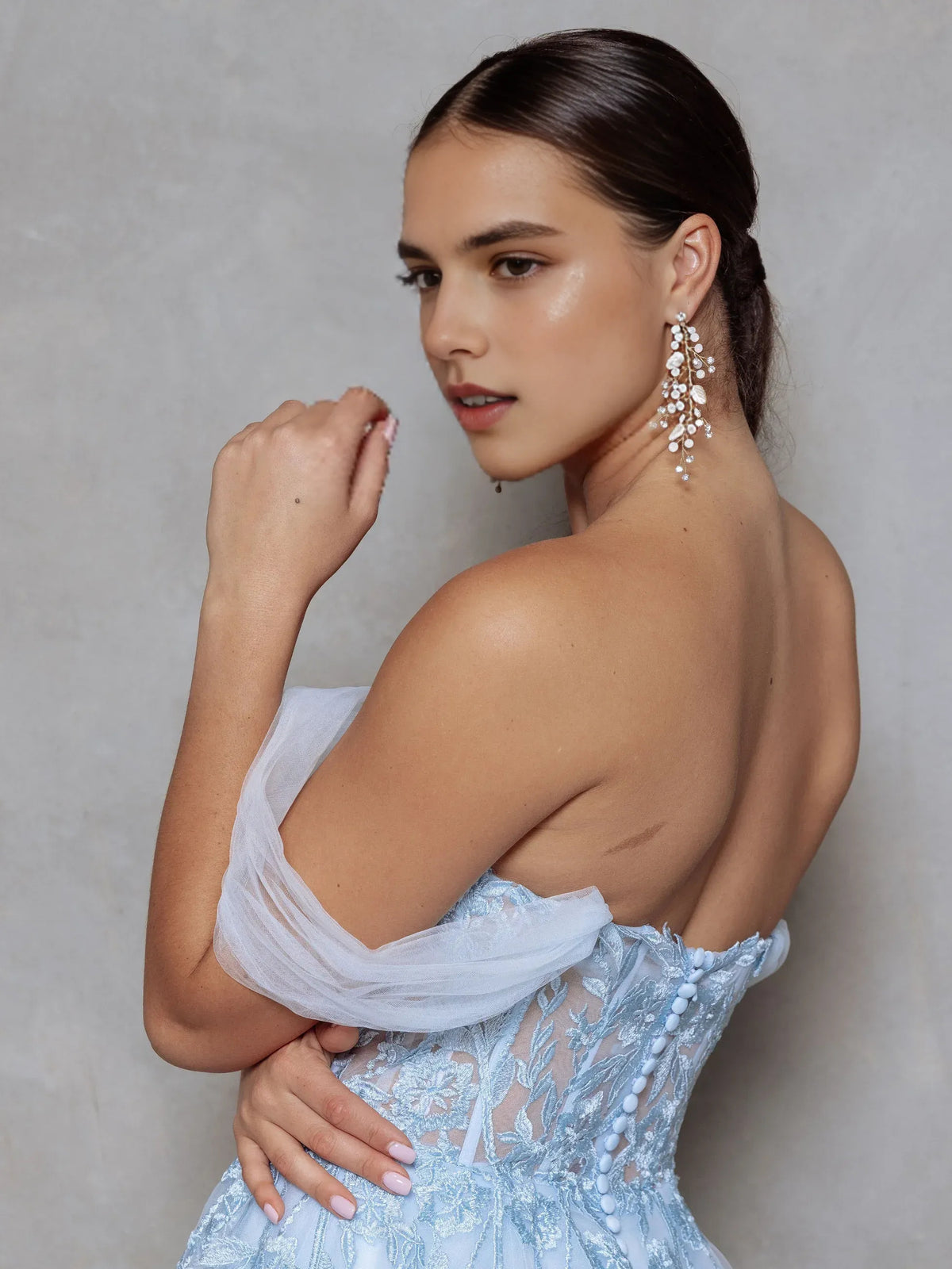 Sky Blue a-line maxi formal dress with draping, alternate view