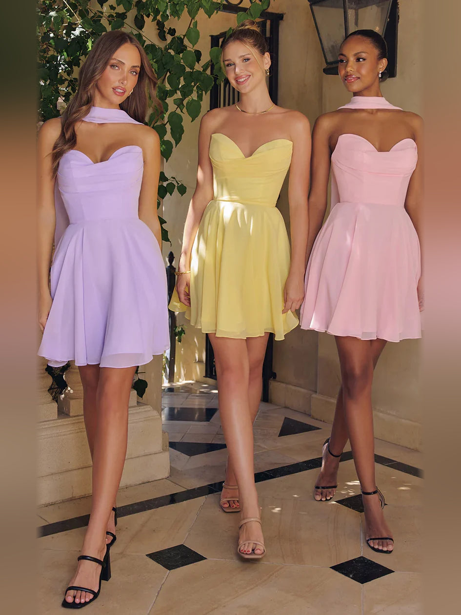 Light Pink mini homecoming dress, alternate view showing the dress shape and hem