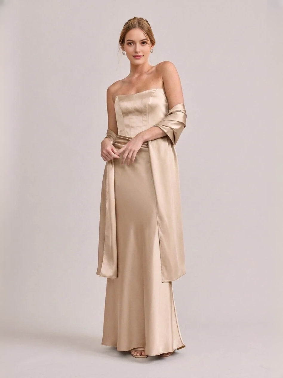 Champagne maxi bridesmaid dress, alternate view showing the dress shape and hem