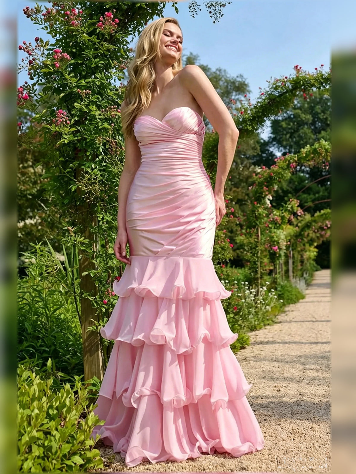 Pink mermaid floor-length formal dress with ruching, alternate view