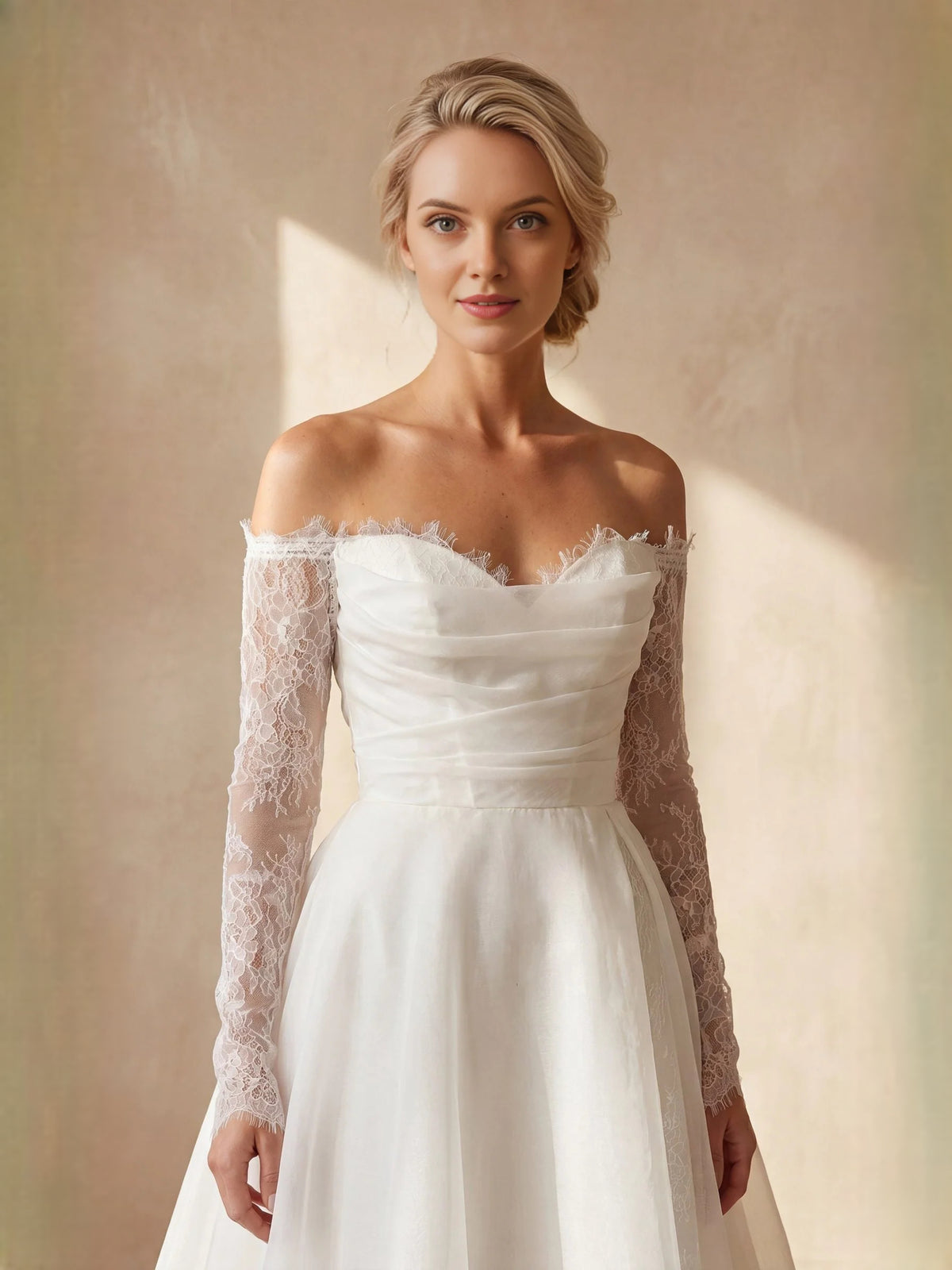 Ivory floor-length wedding dress, alternate view showing the dress shape and hem