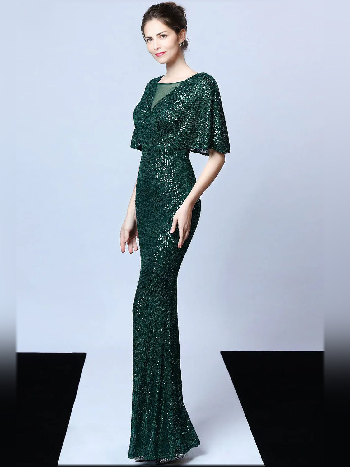 Dark Green mermaid floor-length formal dress with sequins, alternate view