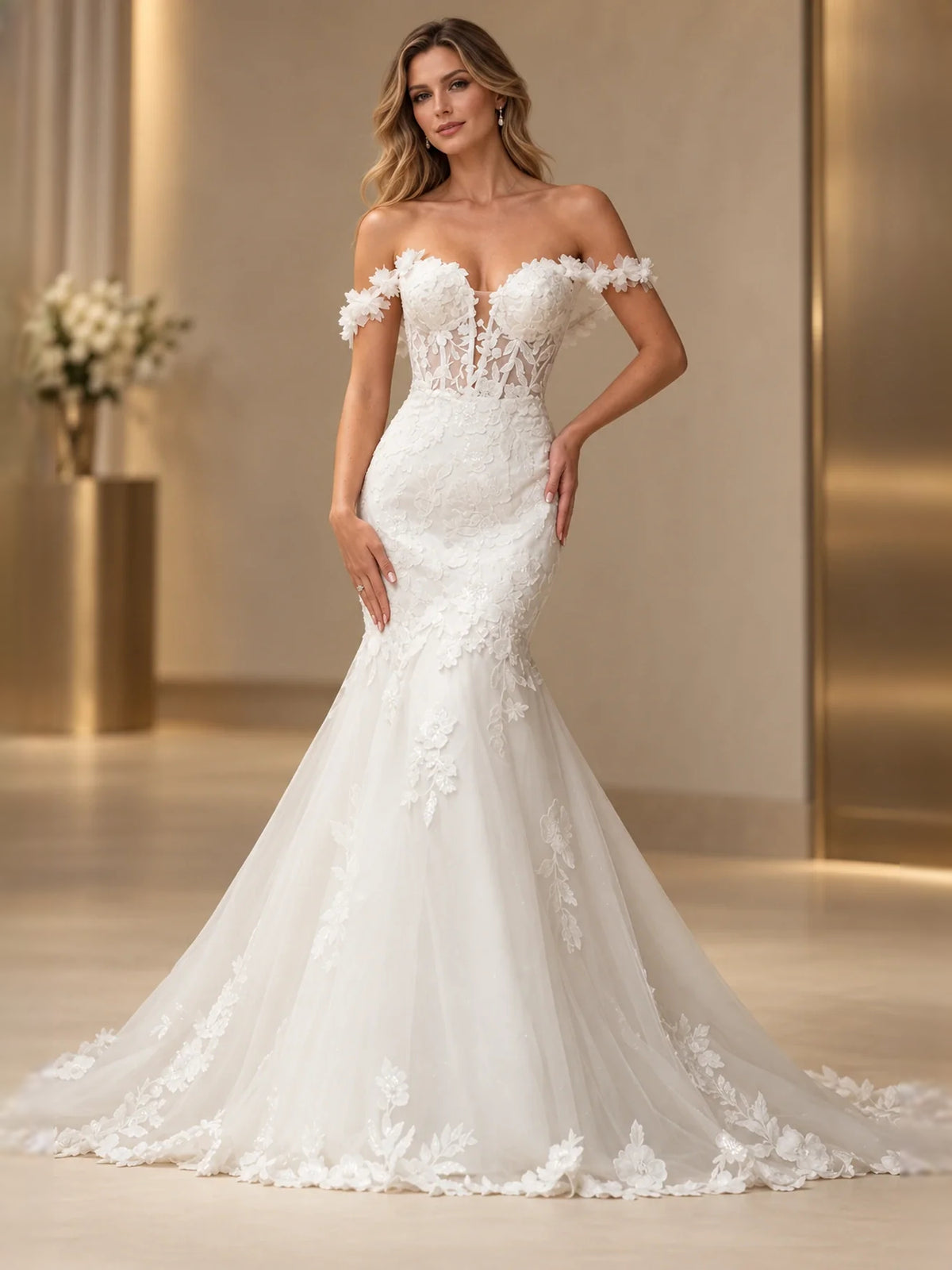 White floor-length wedding dress, alternate view showing the dress shape and hem