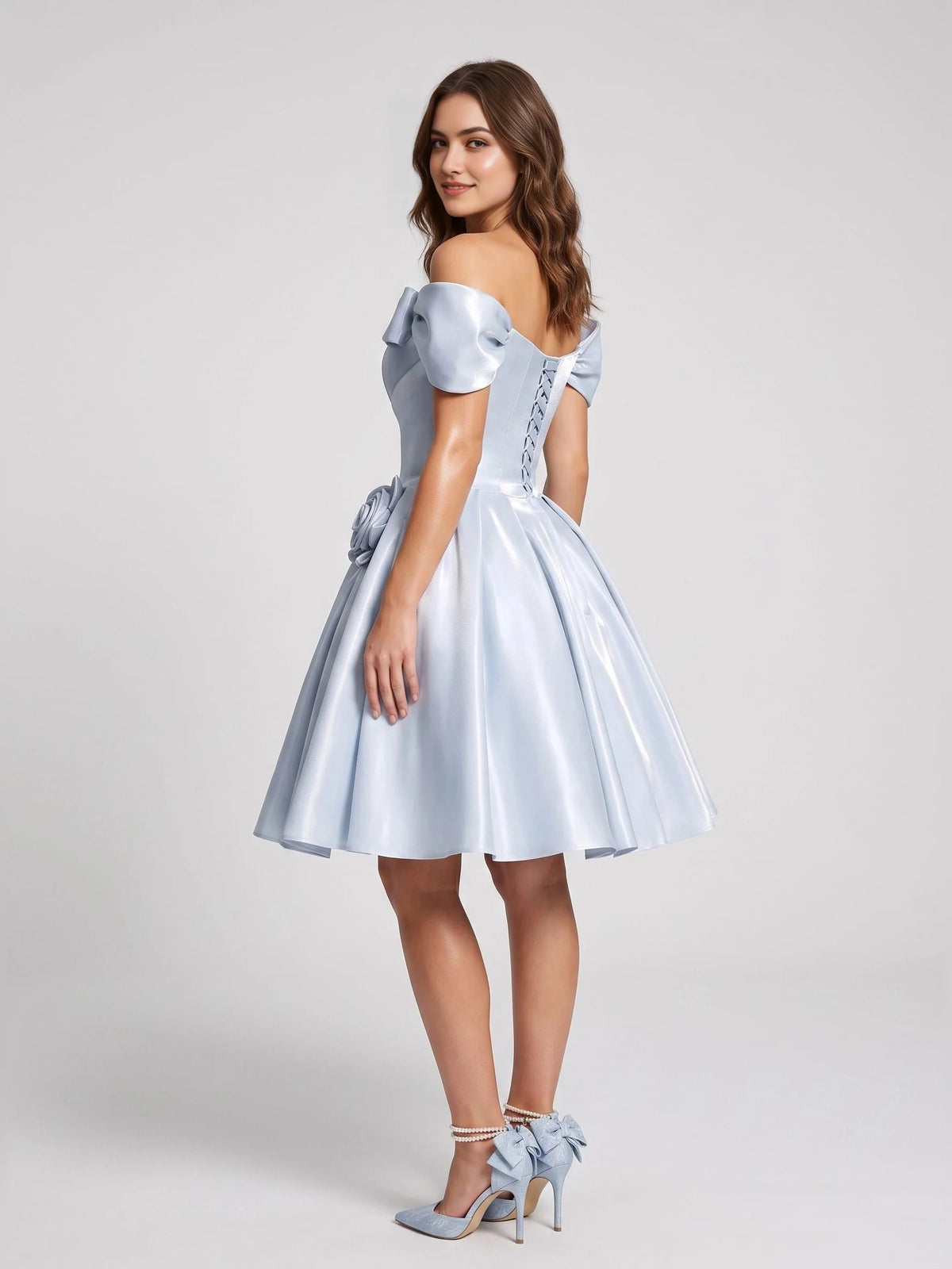 Sky Blue short homecoming dress, alternate view showing the dress shape and hem