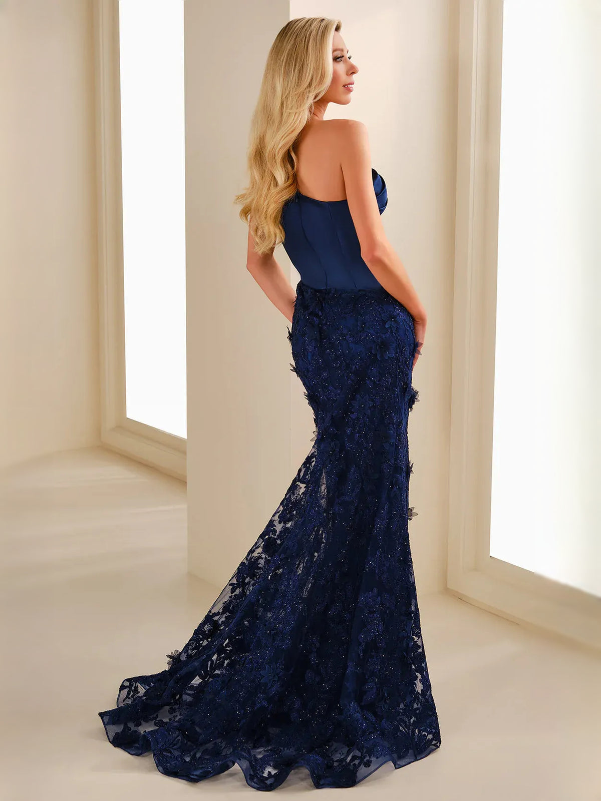 Navy Blue mermaid floor-length formal dress with draping, alternate view