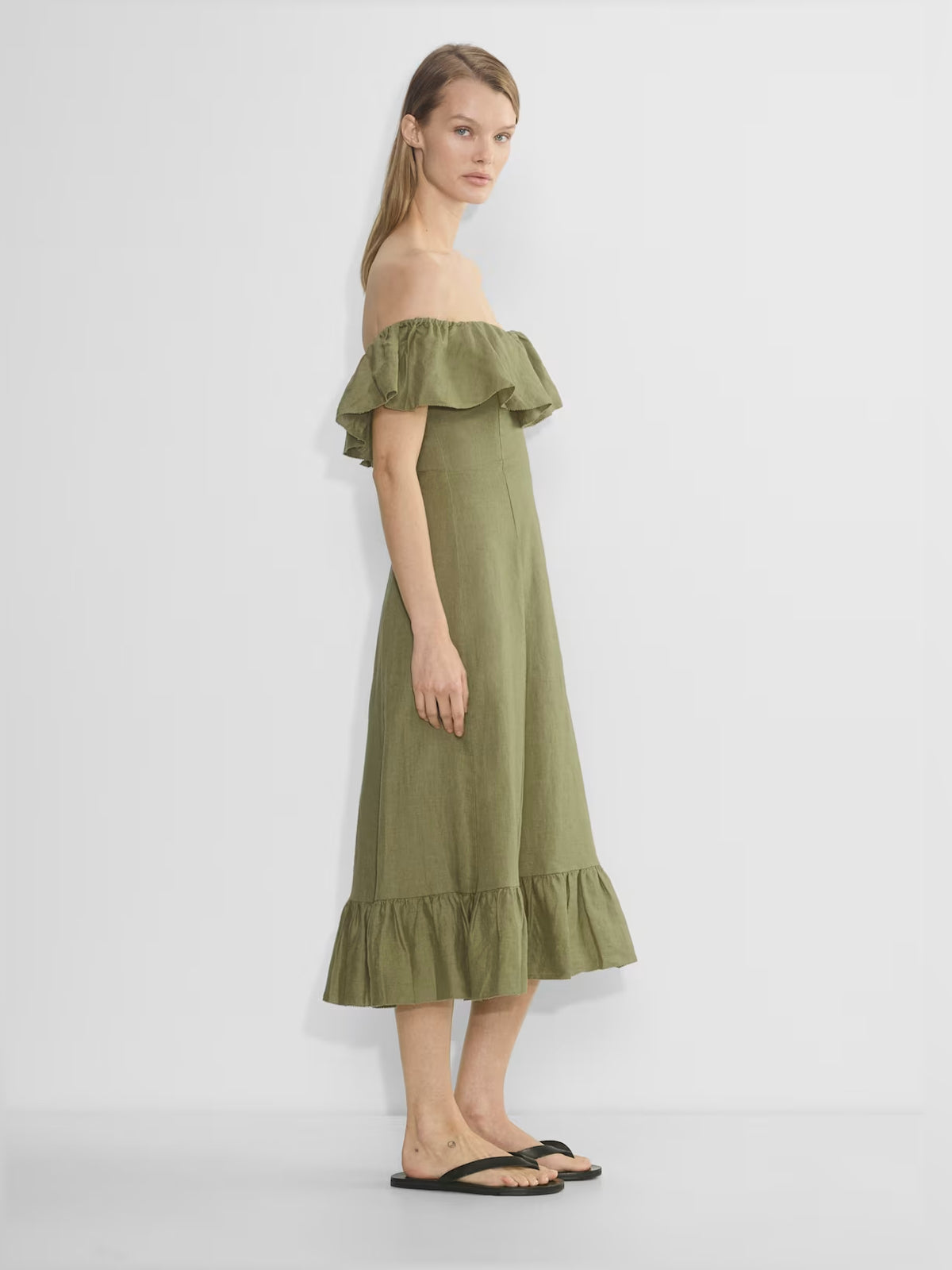 Gold midi formal dress with off-the-shoulder neckline, alternate view showing the bodice