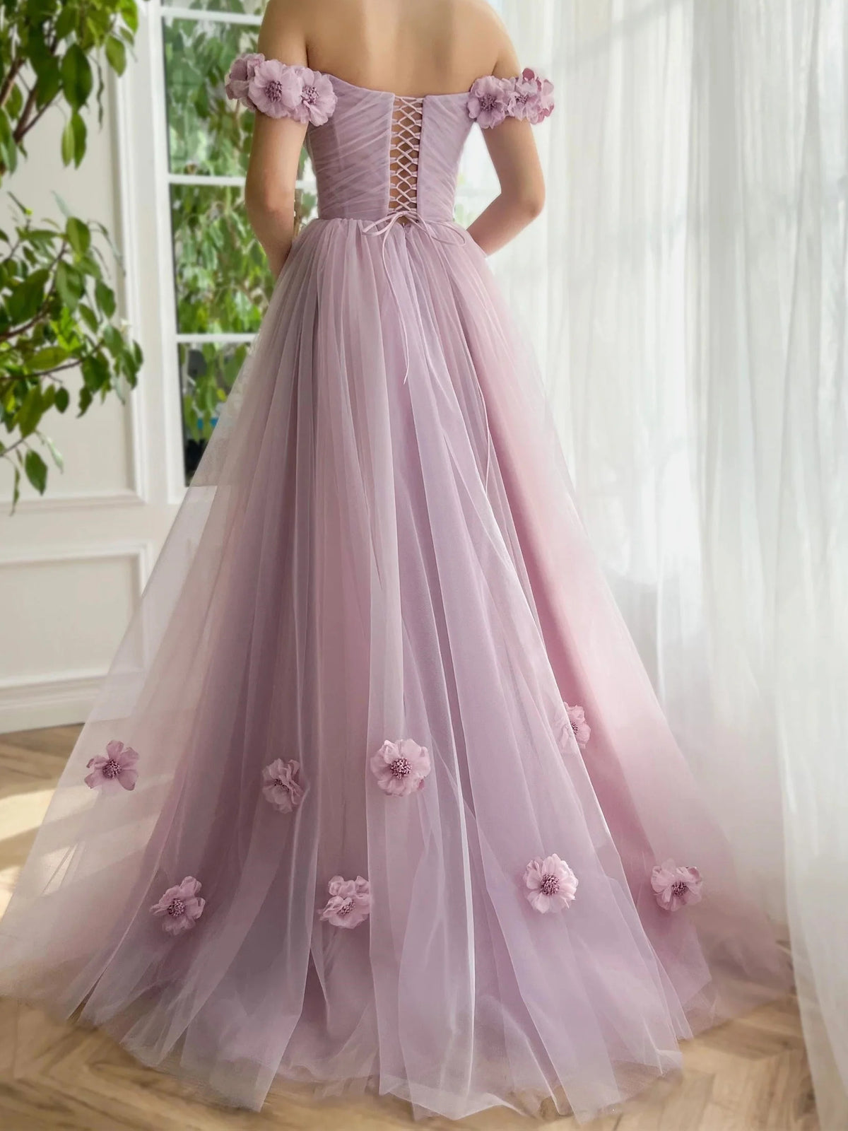 Lilac floor-length prom dress, alternate view showing the dress shape and hem