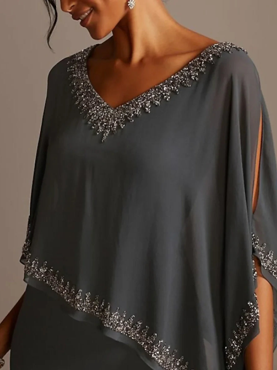 Gray maxi mother of the bride dress, alternate view showing the dress shape and hem
