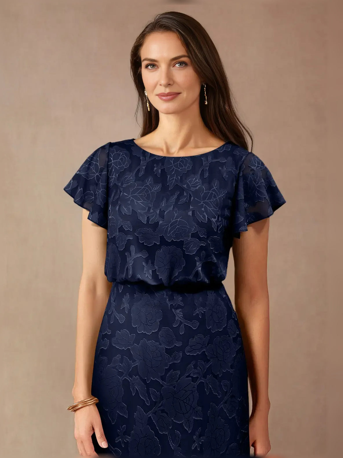 Navy Blue maxi mother of the bride dress, alternate view showing the dress shape and hem