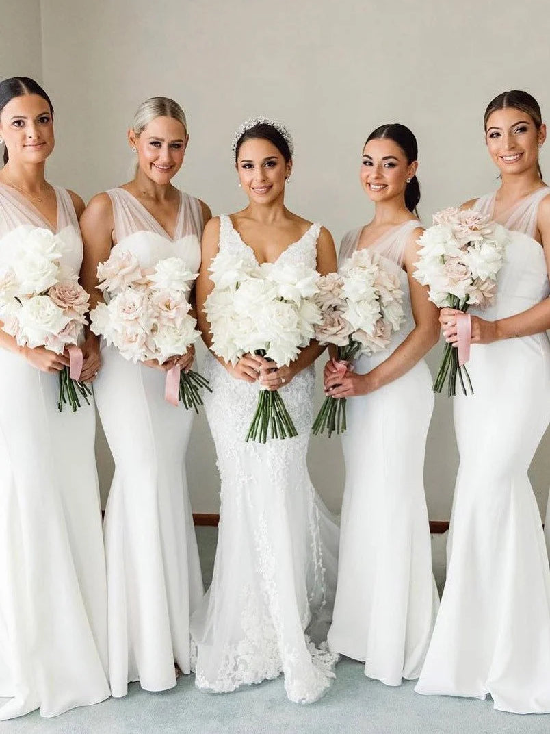 White maxi bridesmaid dress, alternate view showing the dress shape and hem