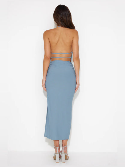Grey midi formal dress, alternate view showing the bodice