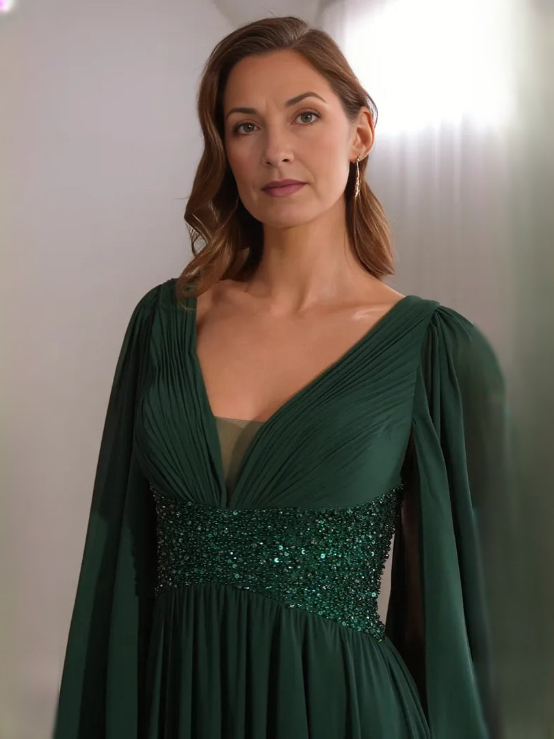 Dark Green floor-length mother of the bride dress, alternate view showing the dress shape and hem