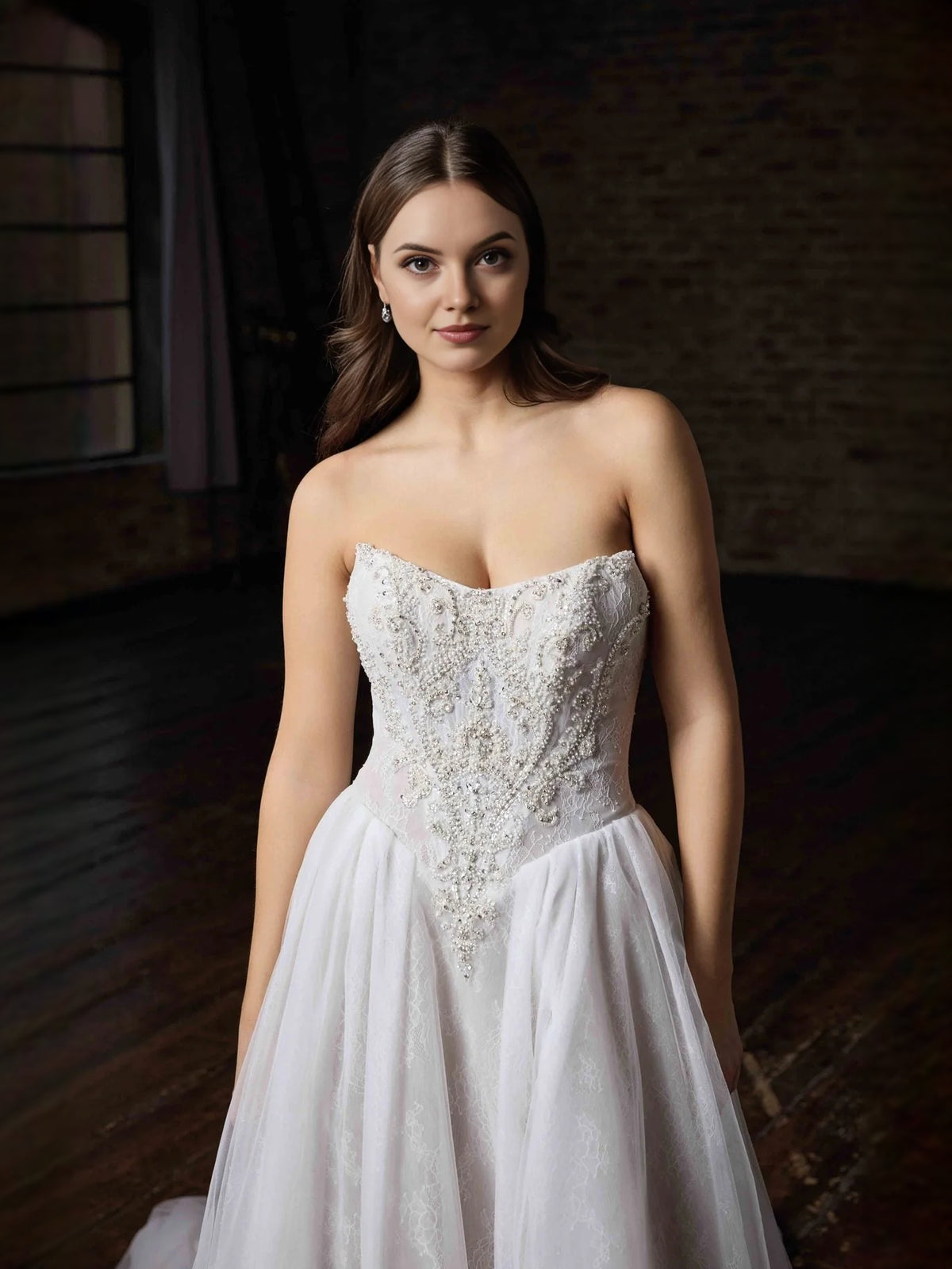 Ivory floor-length wedding dress, alternate view showing the dress shape and hem