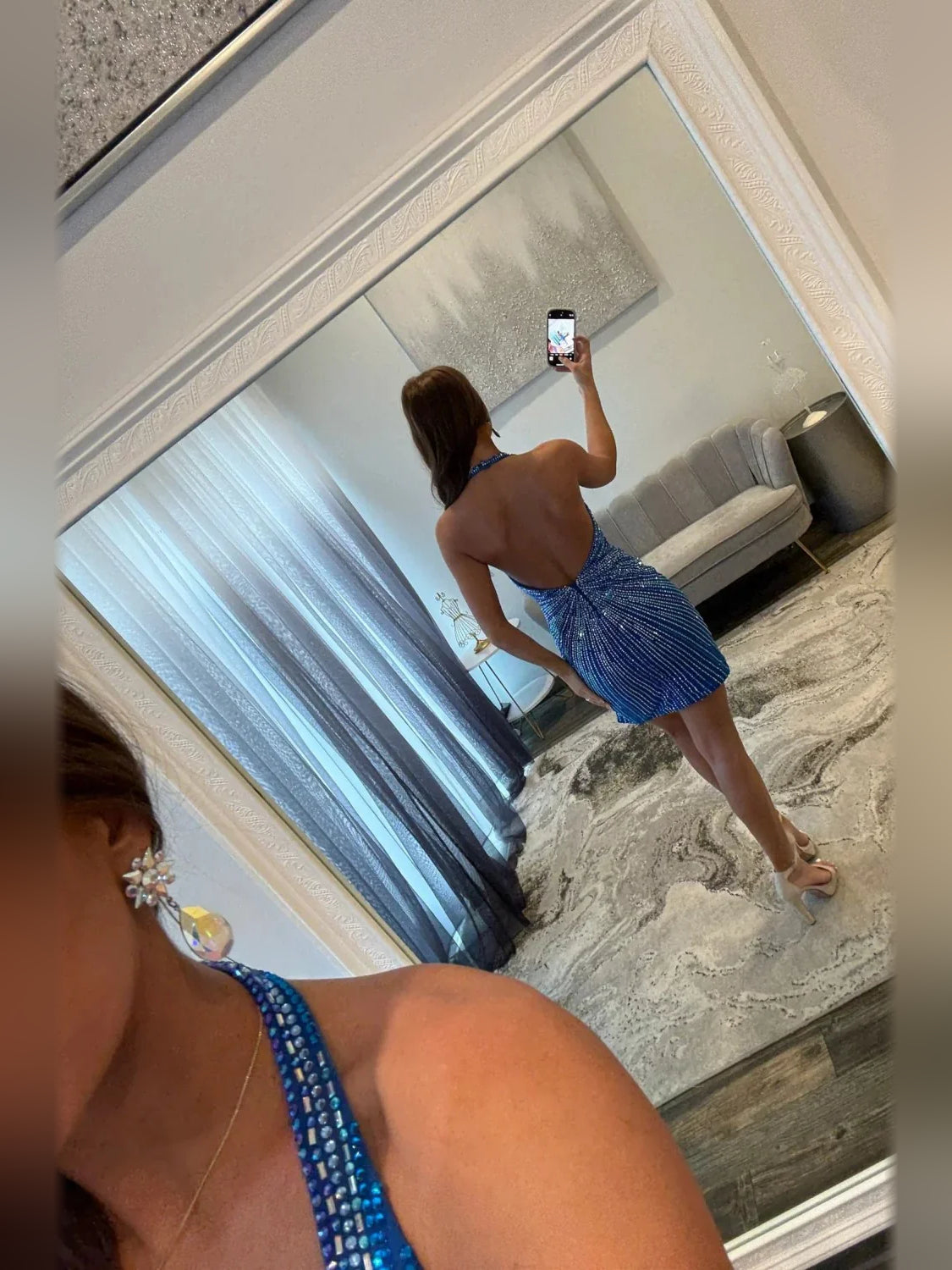 Cobalt Blue short homecoming dress, alternate view showing the dress shape and hem