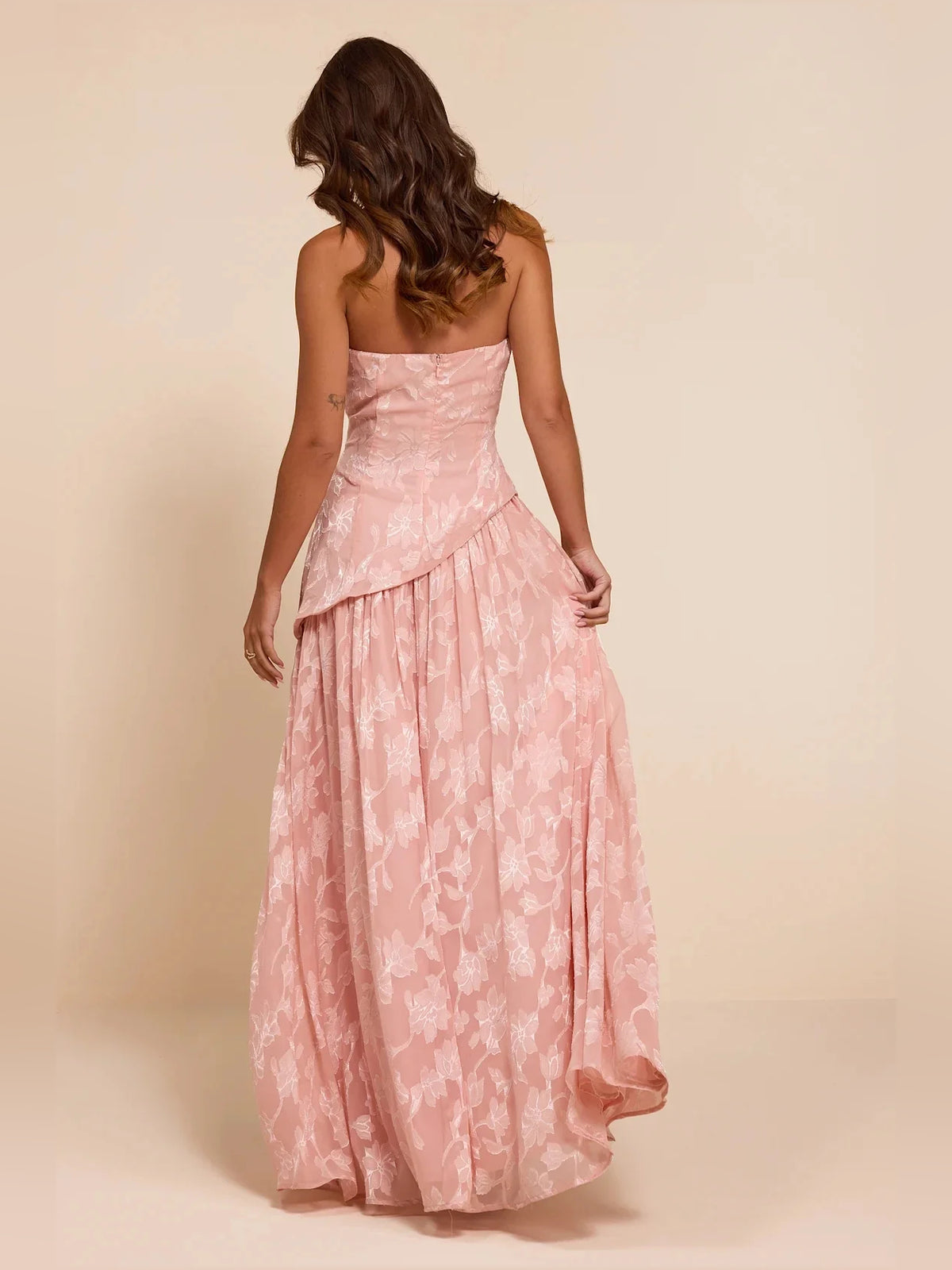 Dusty Pink maxi bridesmaid dress, alternate view showing the dress shape and hem