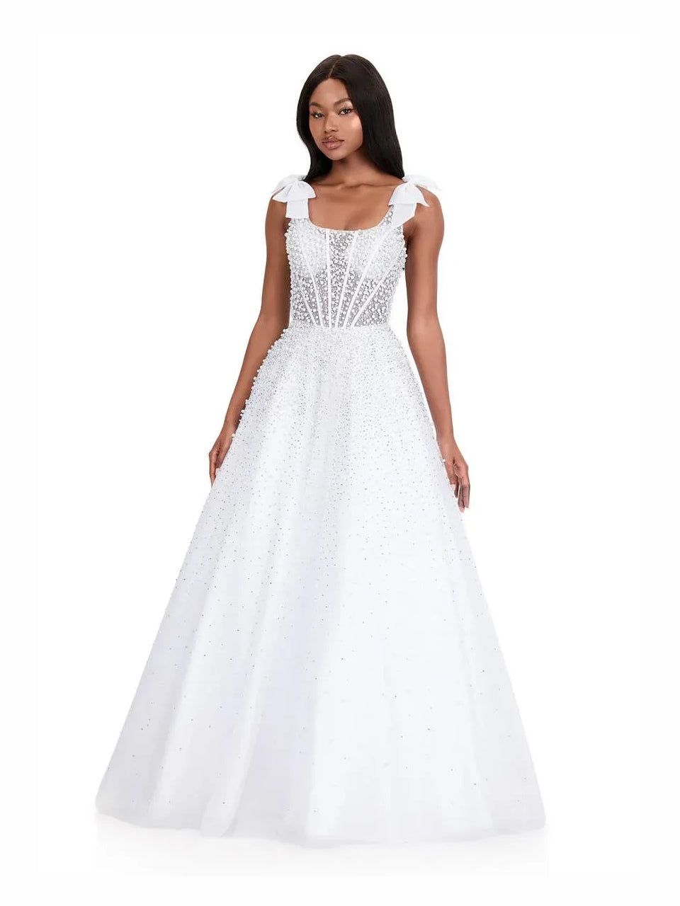 White floor-length prom dress, alternate view showing the dress shape and hem