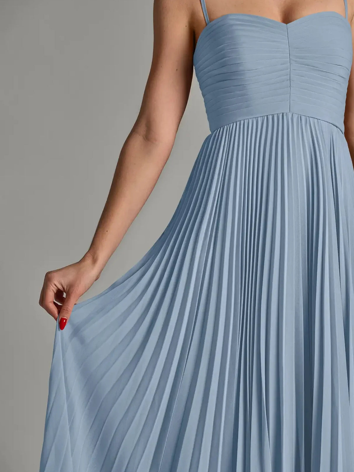 Dusty Blue a-line floor-length formal dress with pleated skirt, alternate view showing the bodice