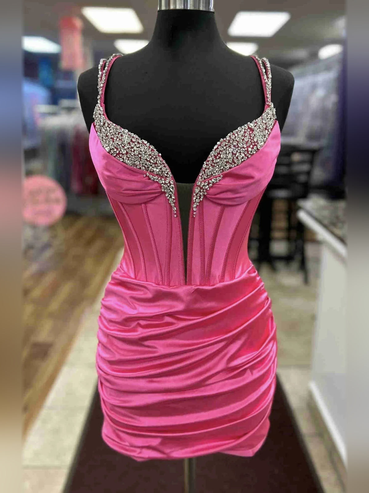 Hot Pink mini homecoming dress, alternate view showing the dress shape and hem