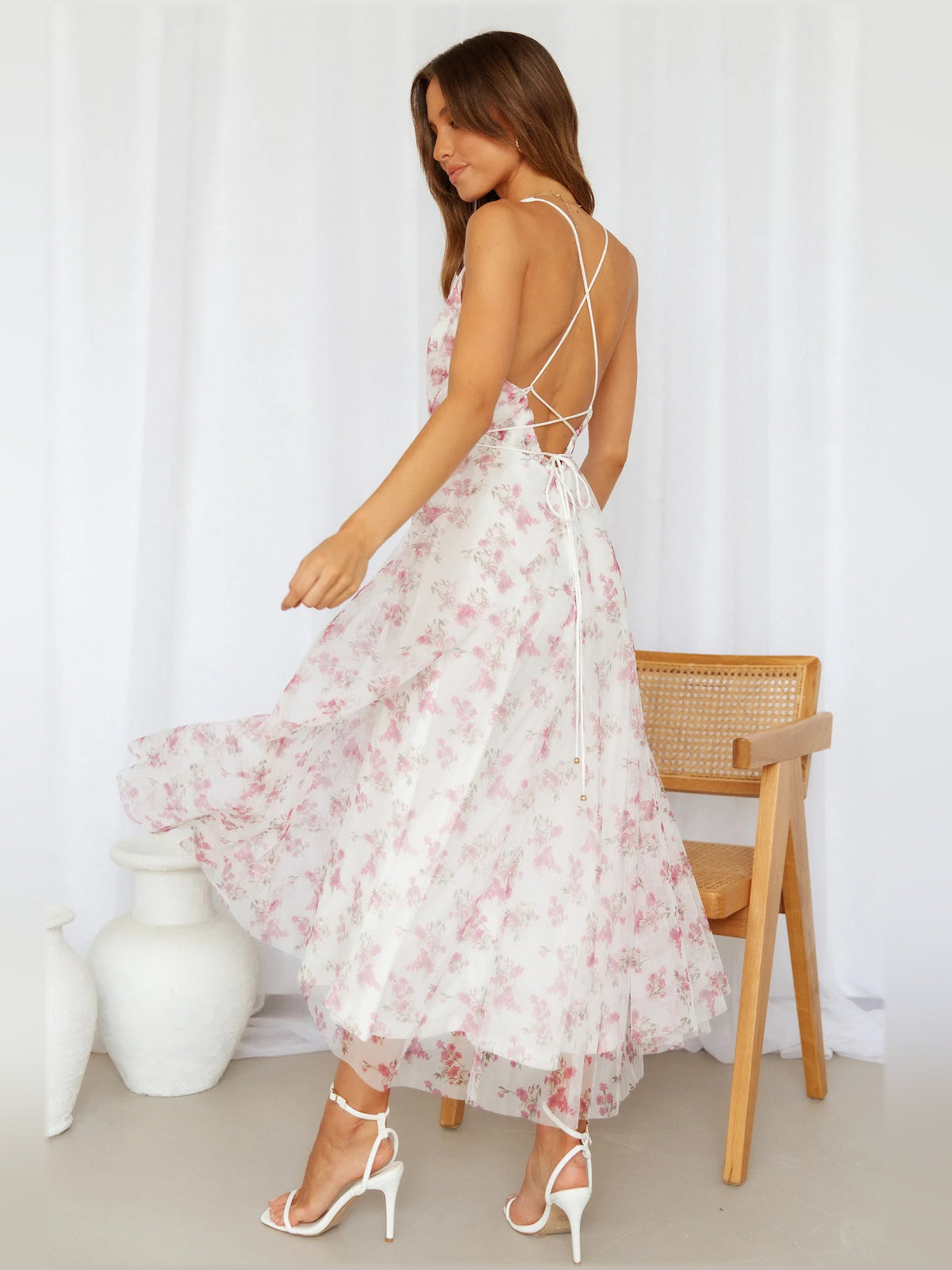 Pink midi formal dress, alternate view showing the bodice