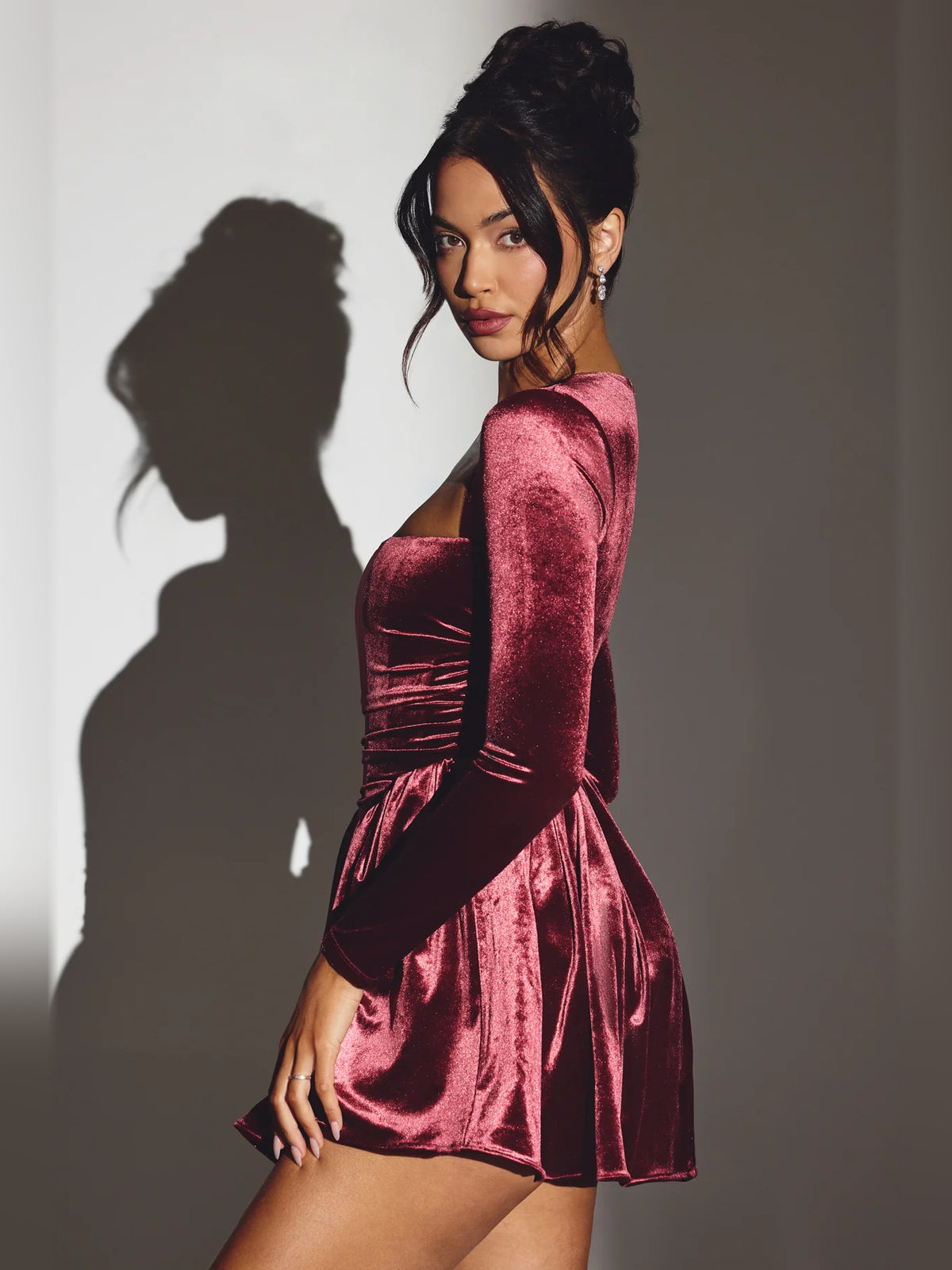 Wine mini homecoming dress, alternate view showing the dress shape and hem