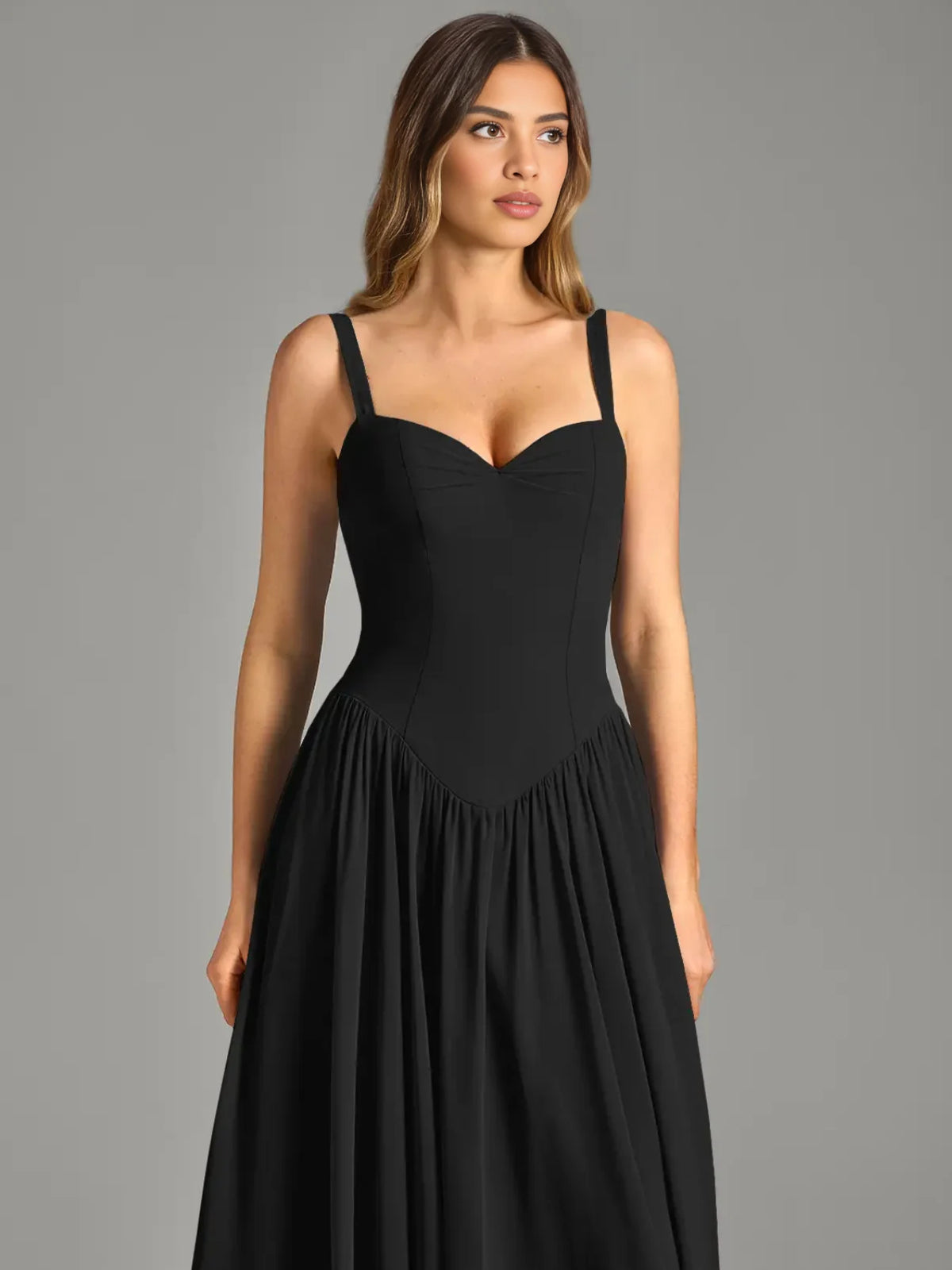 Black maxi bridesmaid dress, alternate view showing the dress shape and hem