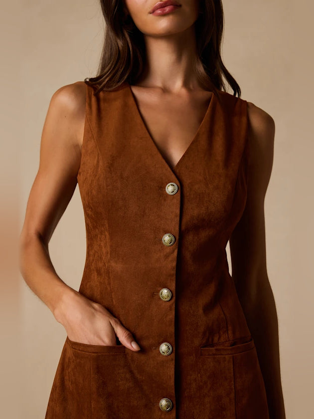 Brown mini homecoming dress, alternate view showing the dress shape and hem