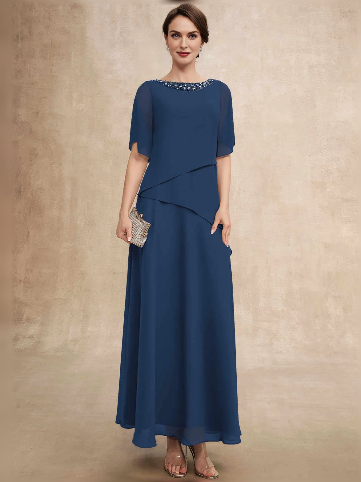 Dark Blue floor-length mother of the bride dress, alternate view showing the dress shape and hem