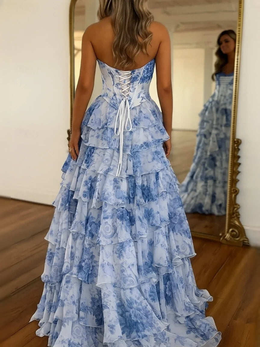 Blue floor-length prom dress, alternate view showing the dress shape and hem
