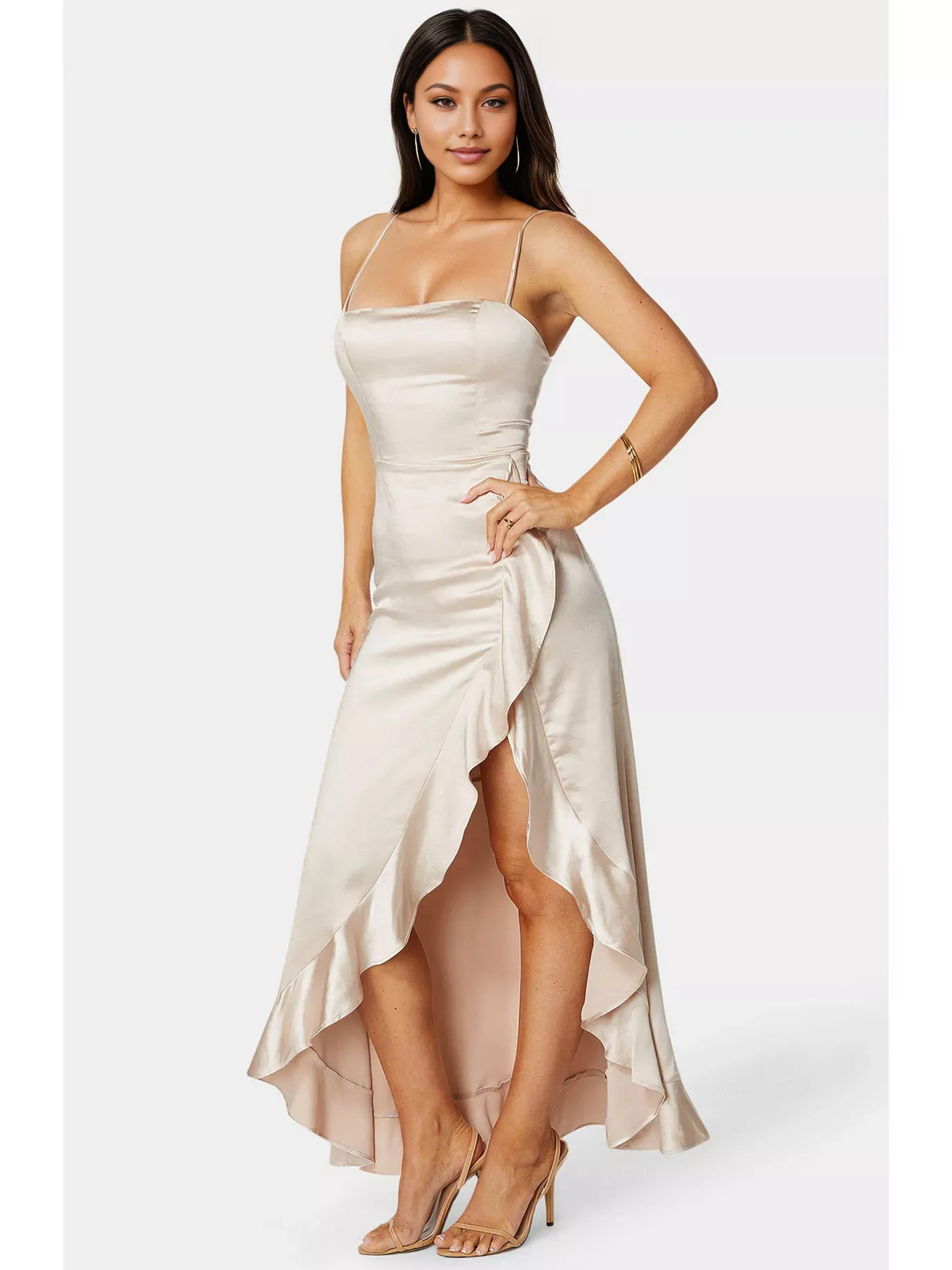 Cream sheath floor-length formal dress with ruffle details, alternate view