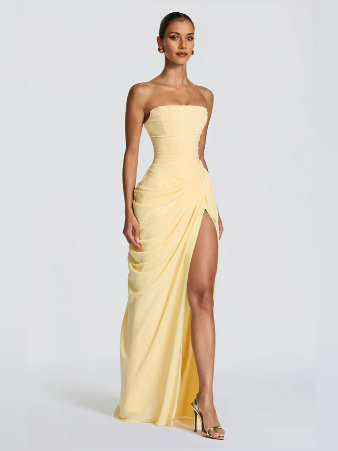 Yellow maxi bridesmaid dress, alternate view showing the dress shape and hem