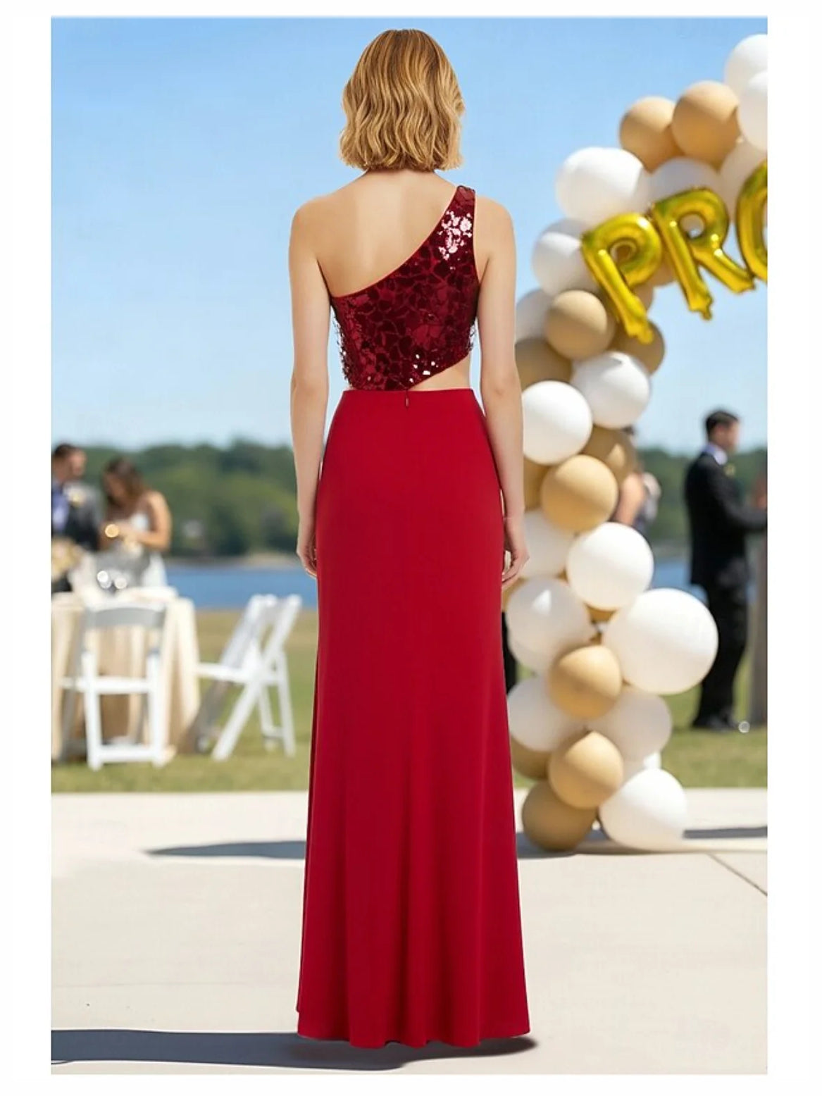 Red floor-length prom dress, alternate view showing the dress shape and hem