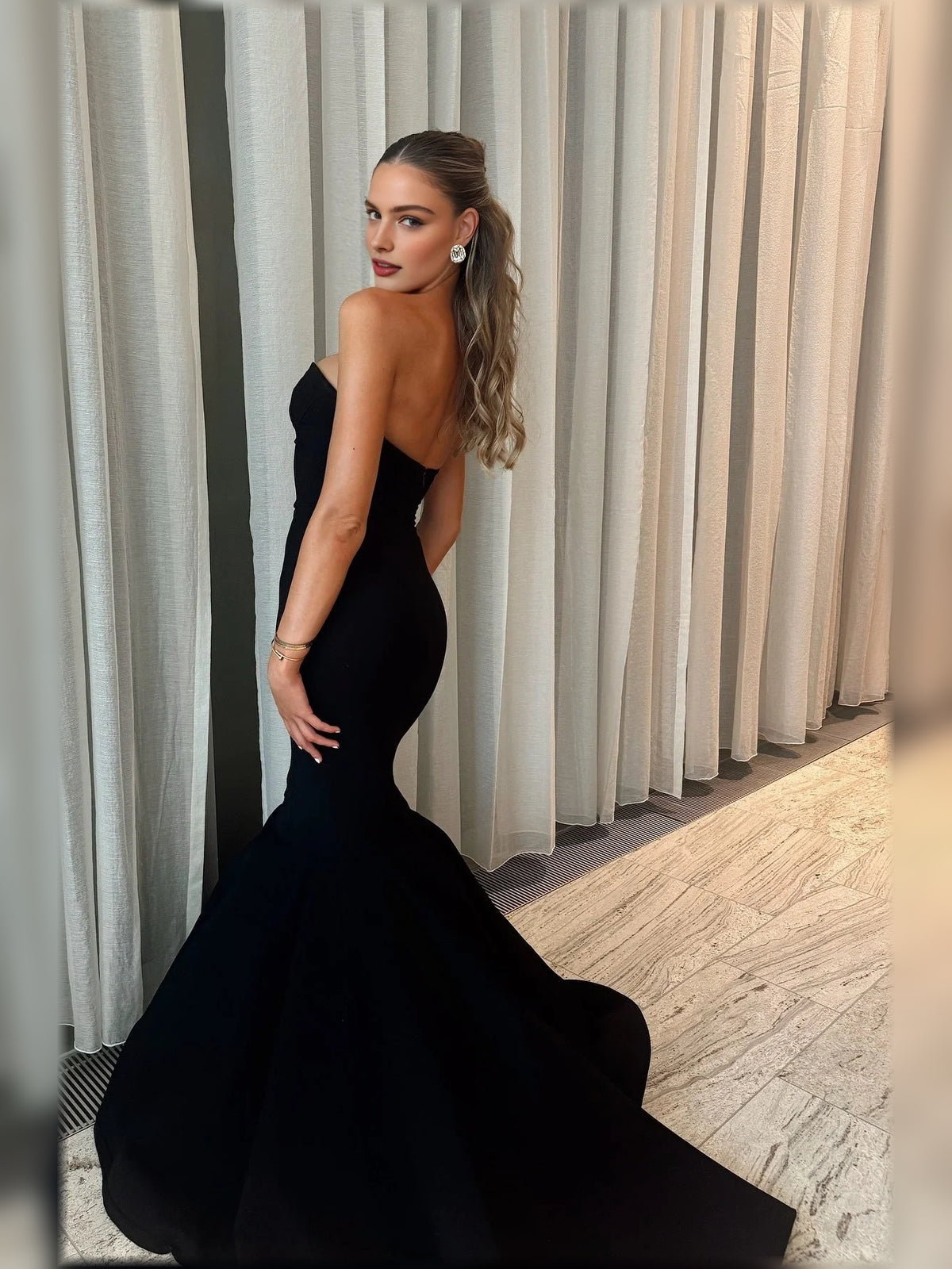 Black mermaid floor-length formal dress with cutout detail, alternate view showing the bodice