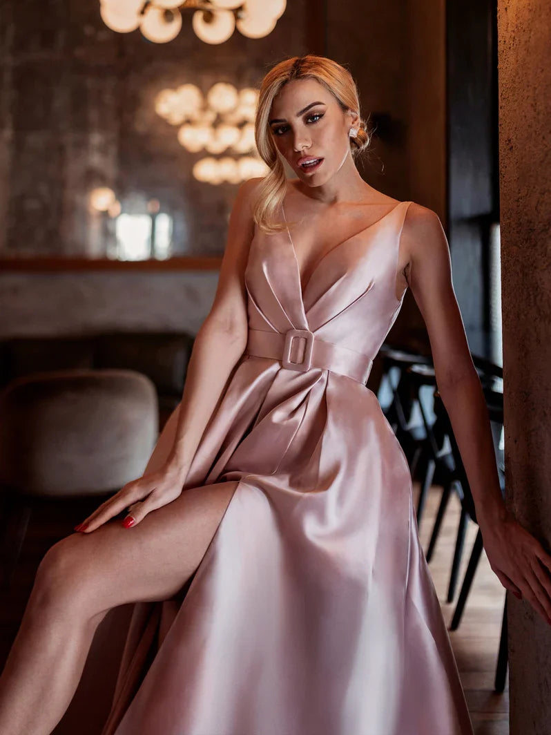 Pink a-line floor-length formal dress with skirt slit, alternate view showing the bodice