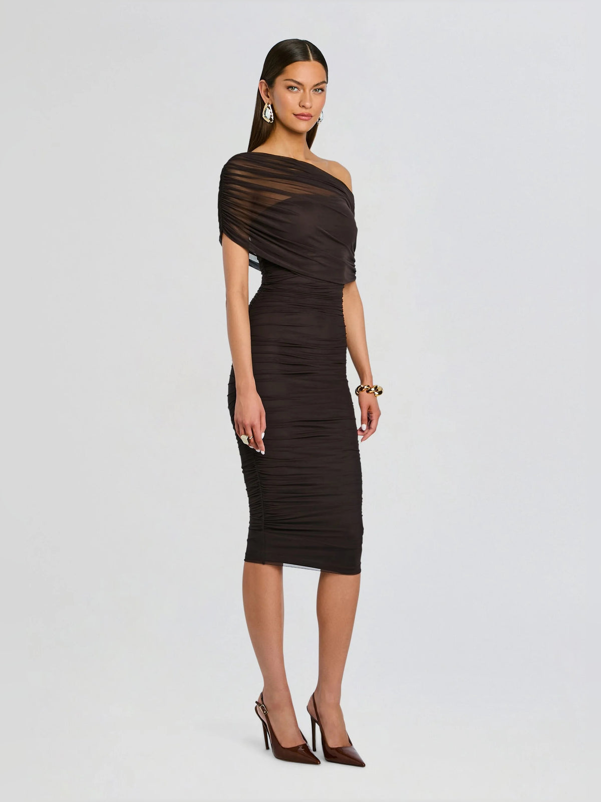 Black sheath midi formal dress with ruching, alternate view showing the bodice