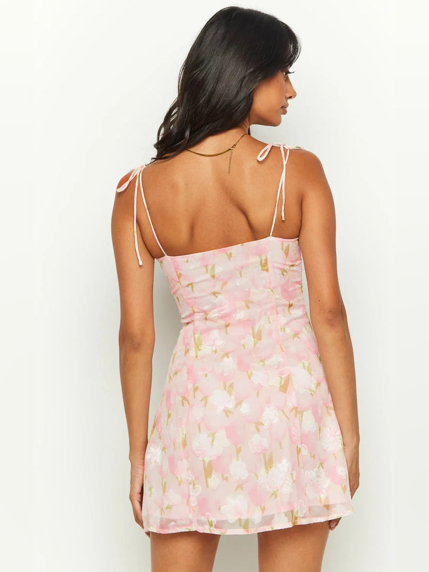 Pink mini homecoming dress, alternate view showing the dress shape and hem