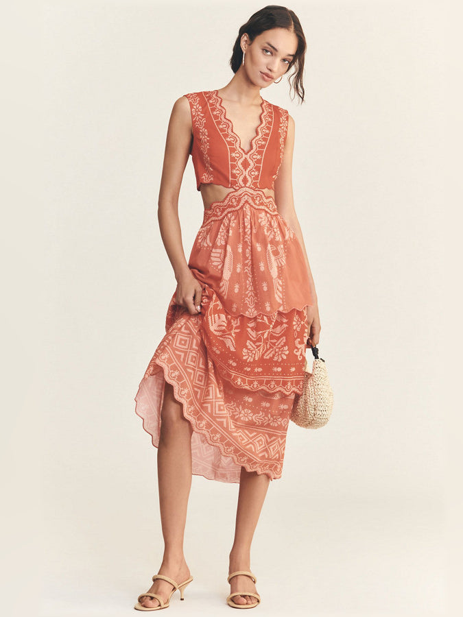 Orange midi formal dress with tiered skirt, alternate view
