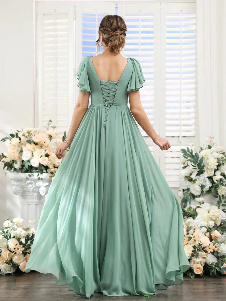Dusty Sage maxi bridesmaid dress, alternate view showing the dress shape and hem