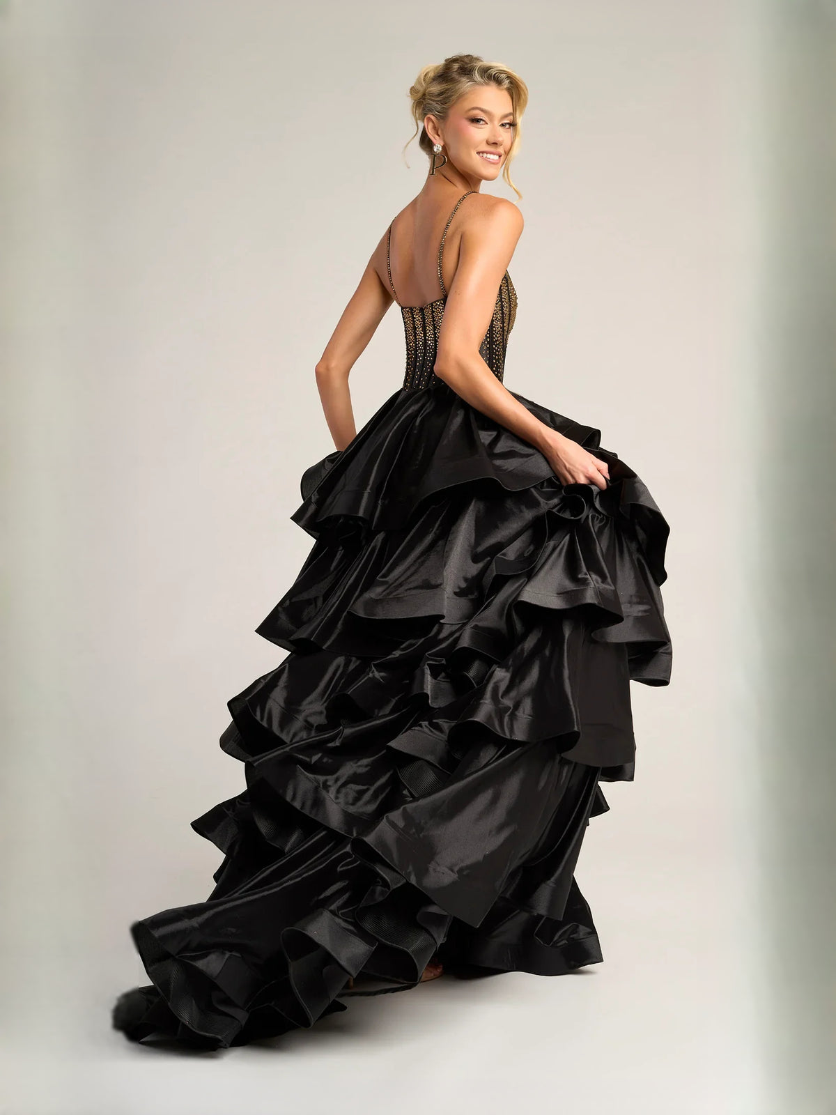 Black floor-length prom dress, alternate view showing the dress shape and hem