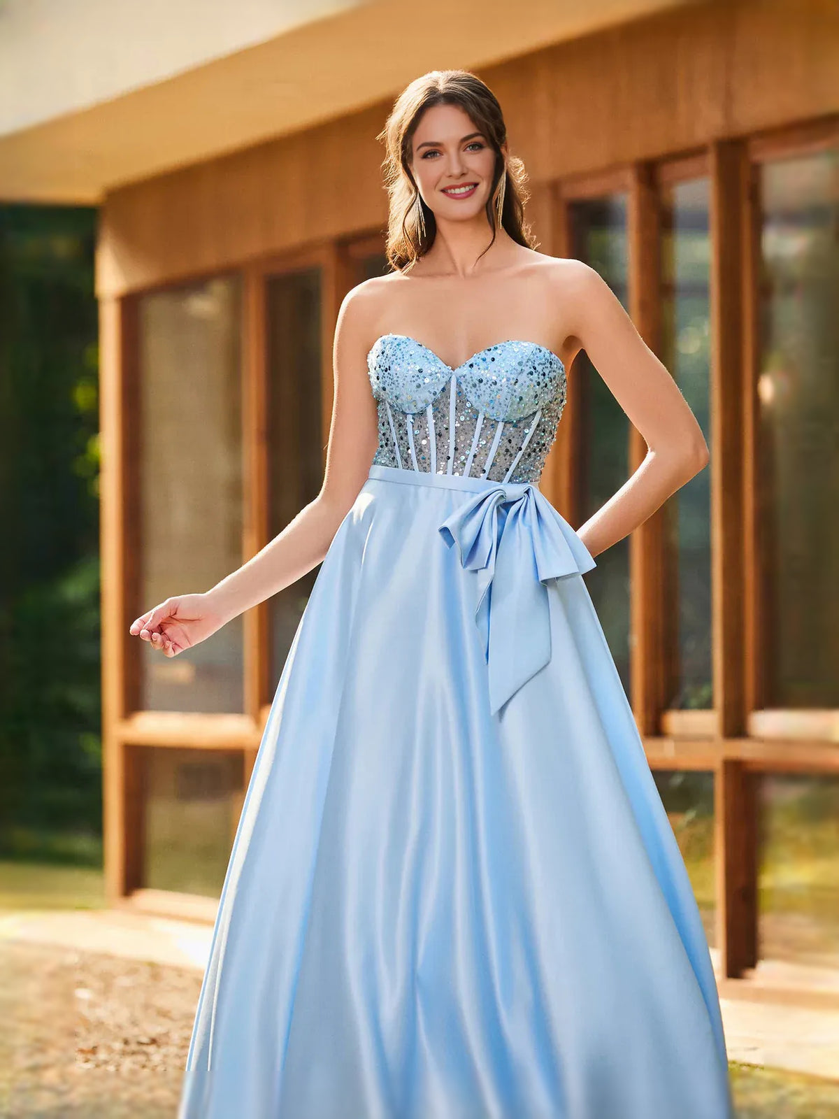 Light Blue floor-length prom dress, alternate view showing the dress shape and hem