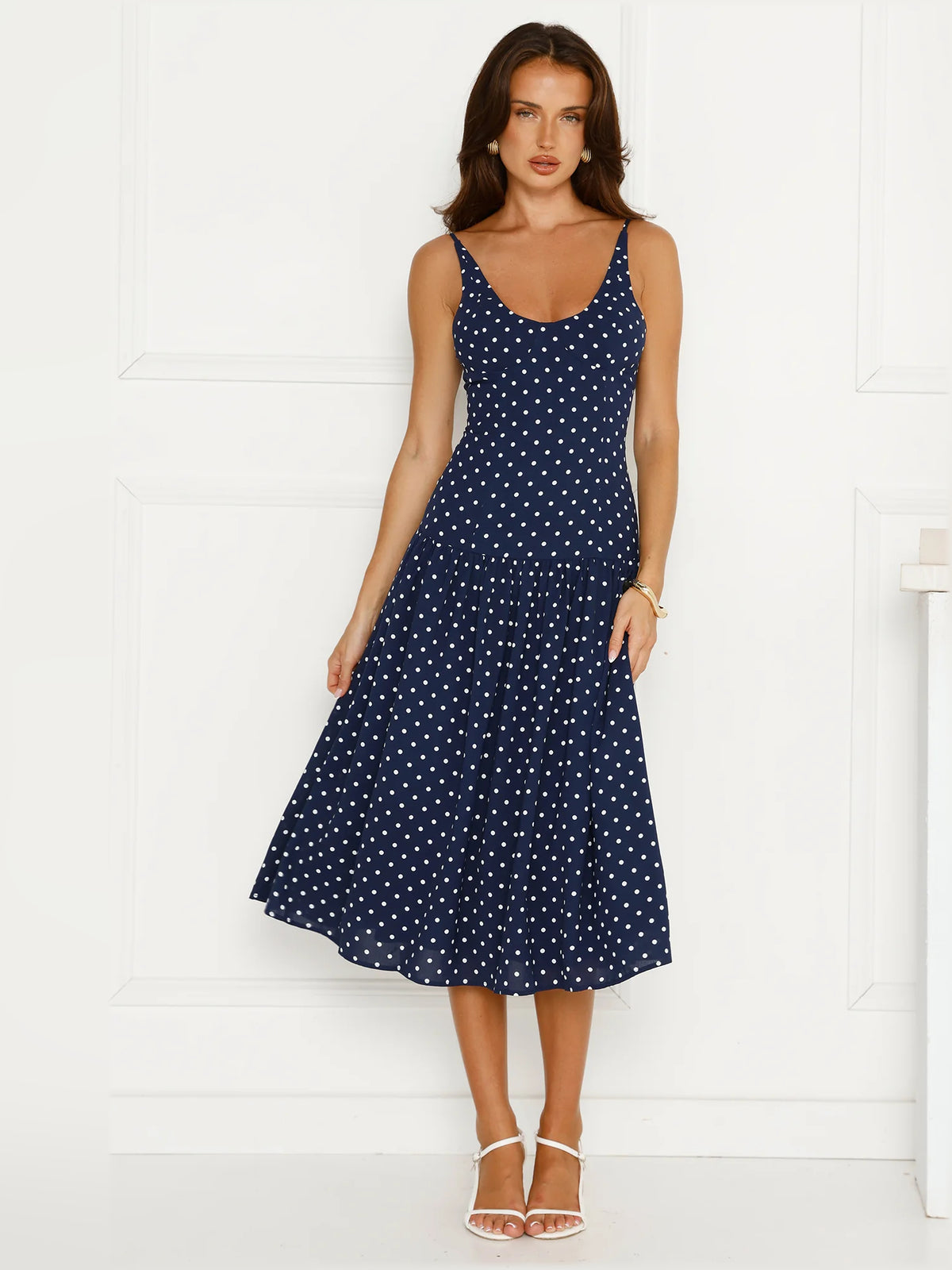 Navy midi formal dress with printed pattern, alternate view showing the bodice