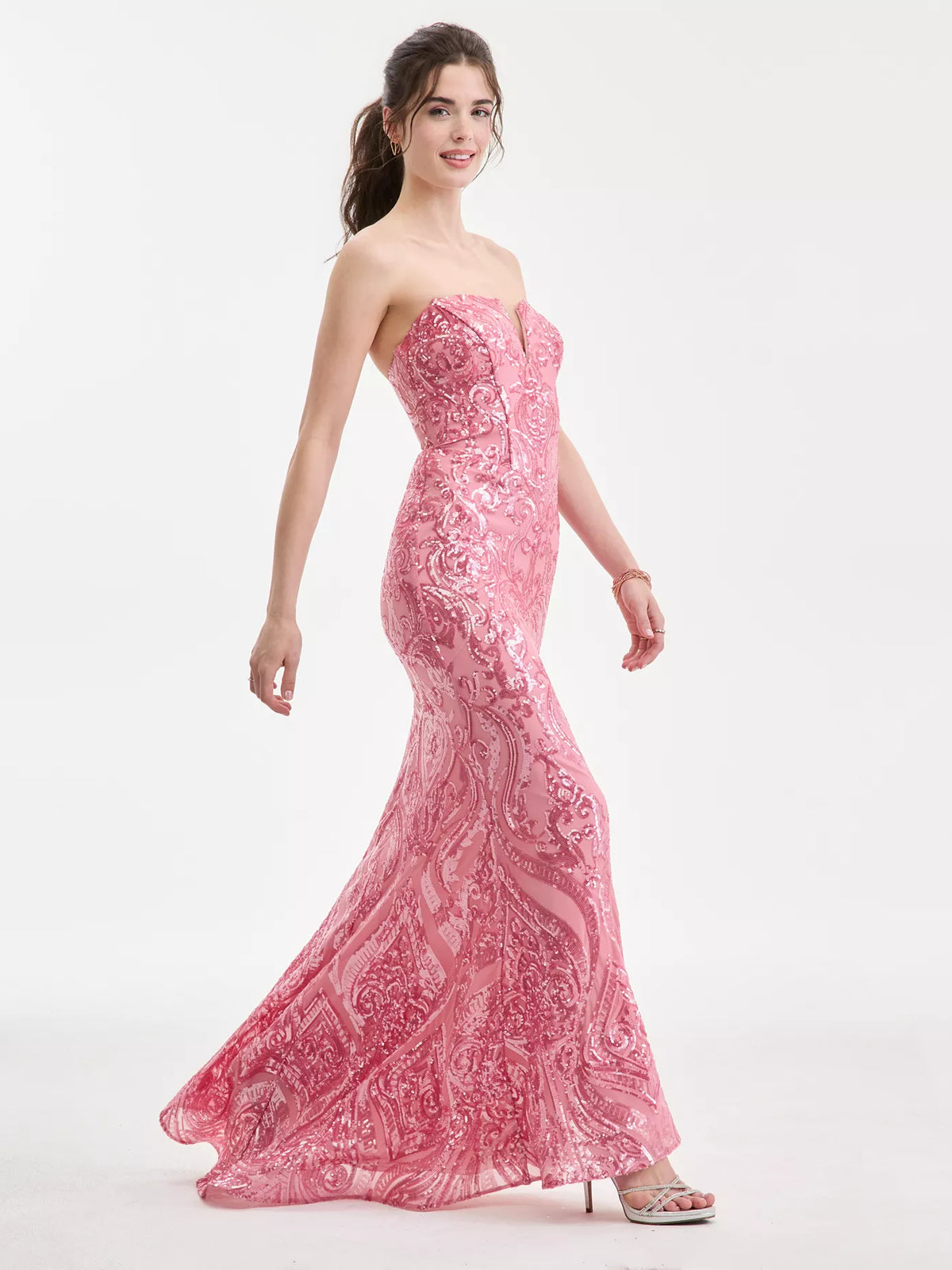 Coral mermaid floor-length formal dress with floral print, alternate view