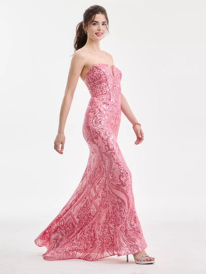 Coral mermaid floor-length formal dress with floral print, alternate view