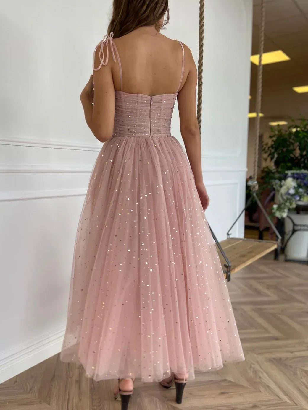 Dusty Pink midi prom dress, alternate view showing the dress shape and hem
