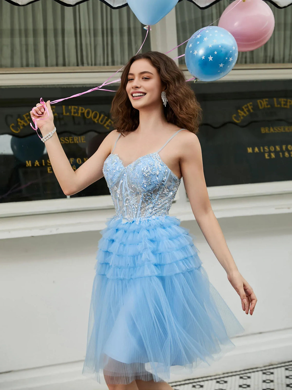 Light Blue mini homecoming dress, alternate view showing the dress shape and hem